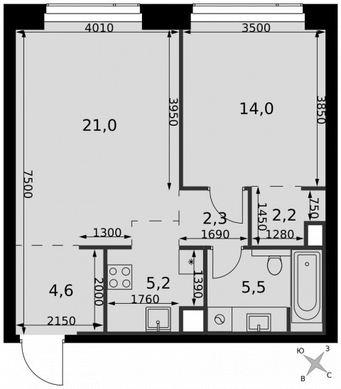Планировка: 2-комн., 54,8 м²