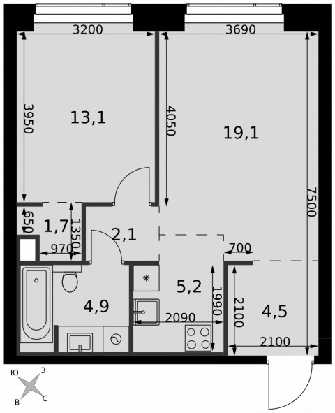 Планировка: 2-комн., 50,6 м²