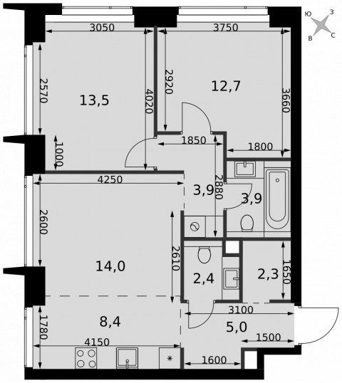 Планировка: 3-комн., 66,1 м²