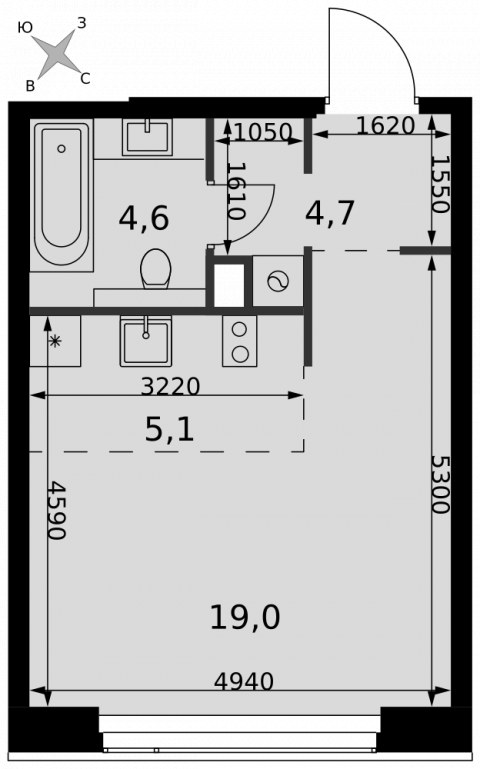 Планировка: Студия, 33,4 м²