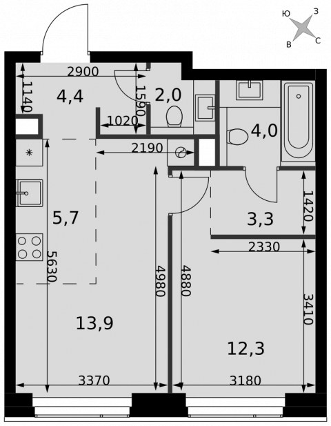 Планировка: 2-комн., 45,6 м²