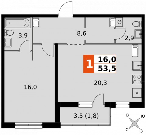 Планировка: 1-комн., 53,5 м²