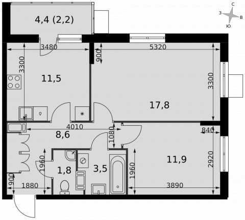 Планировка: 2-комн., 57,3 м²