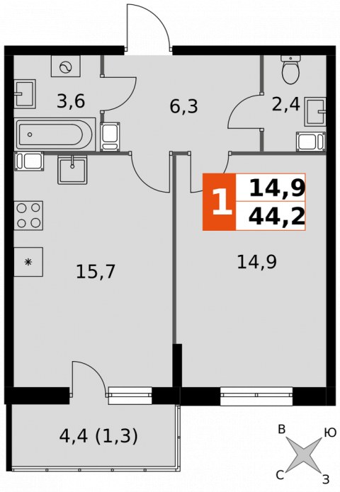 Планировка: 1-комн., 44,2 м²