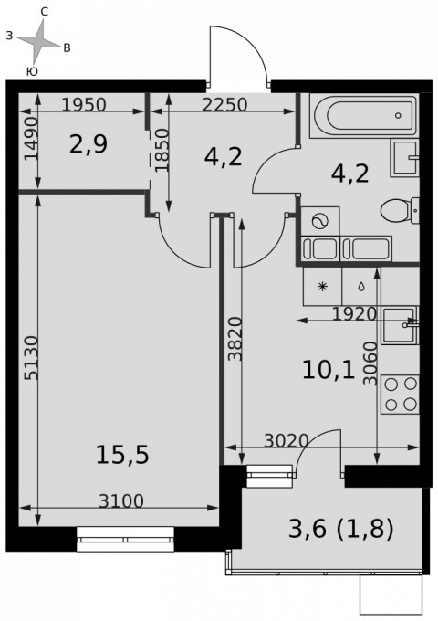 Планировка: 1-комн., 38,7 м²
