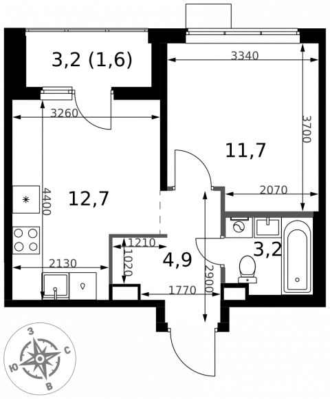 Планировка: 1-комн., 34,1 м²