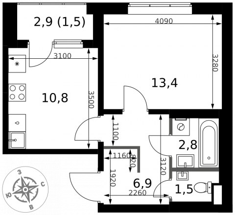 Планировка: 1-комн., 36,4 м²