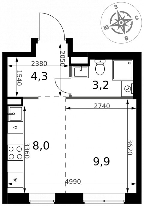 Планировка: Студия, 25,4 м²