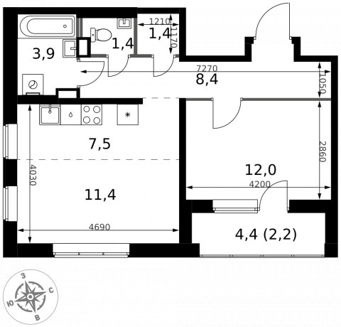 Планировка: 2-комн., 48,2 м²