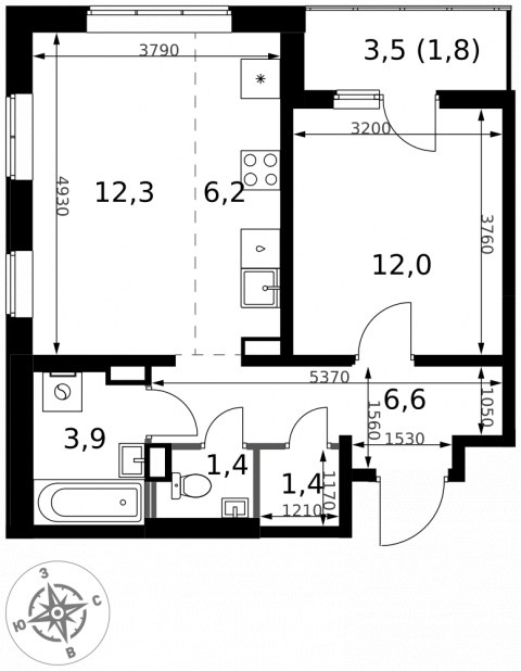 Планировка: 2-комн., 45,6 м²