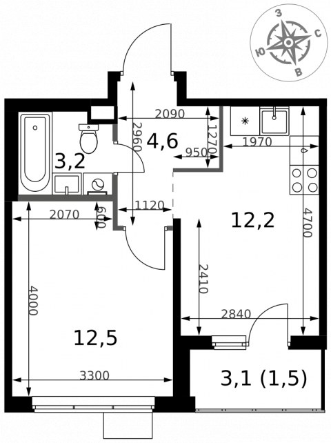 Планировка: 1-комн., 34,0 м²
