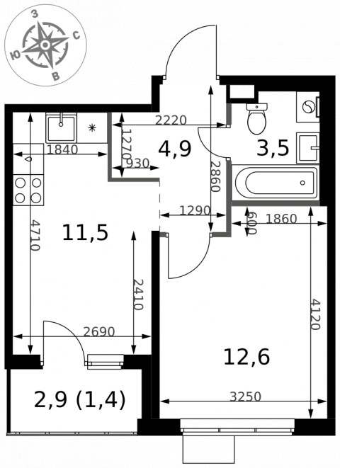 Планировка: 1-комн., 33,9 м²