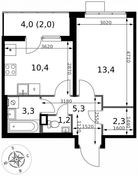 Планировка: 1-комн., 37,9 м²