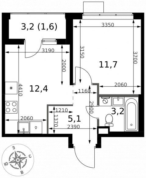 Планировка: 1-комн., 34,0 м²