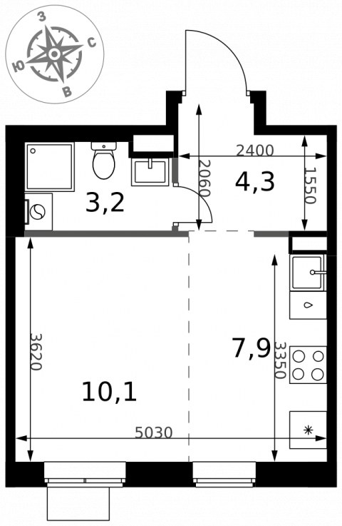 Планировка: Студия, 25,5 м²