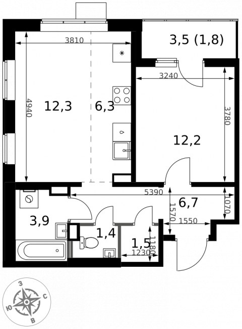 Планировка: 2-комн., 46,1 м²
