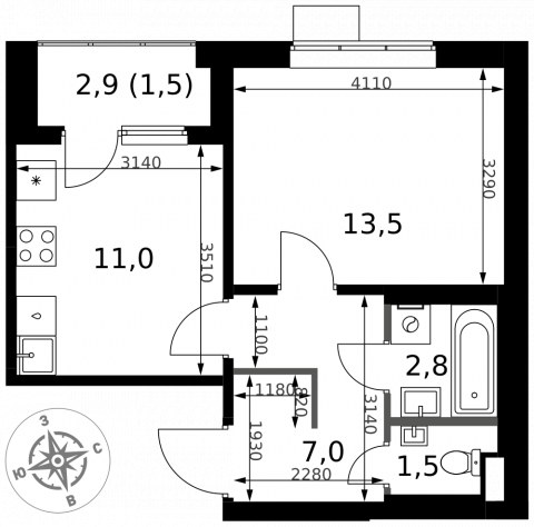 Планировка: 1-комн., 37,3 м²