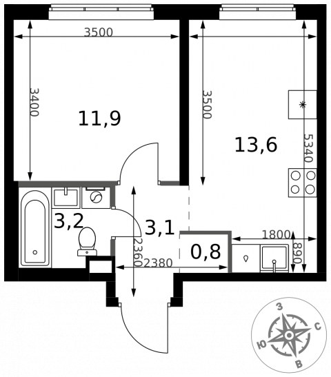 Планировка: 1-комн., 32,6 м²