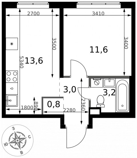 Планировка: 1-комн., 32,2 м²