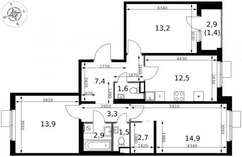 Планировка: 3-комн., 75,3 м²