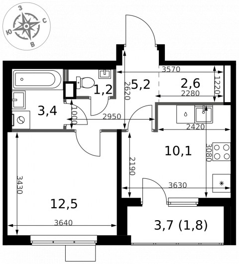 Планировка: 1-комн., 36,8 м²