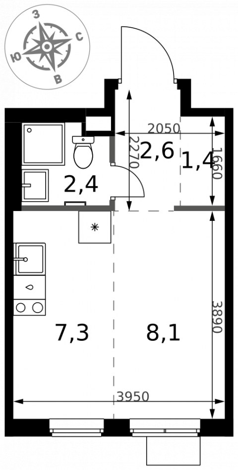 Планировка: Студия, 21,8 м²