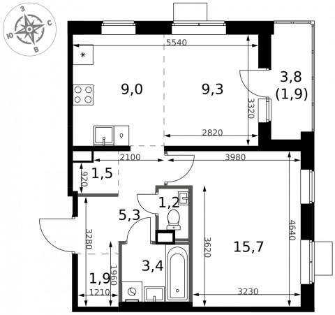Планировка: 2-комн., 49,2 м²