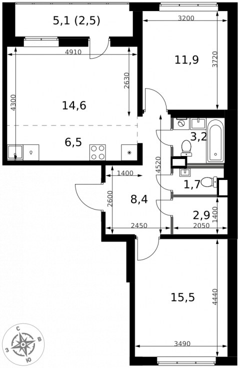 Планировка: 3-комн., 67,2 м²
