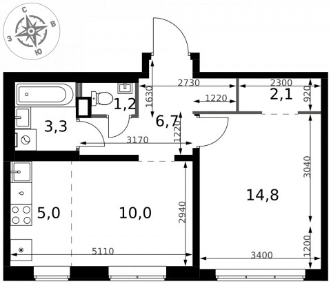 Планировка: 2-комн., 43,1 м²