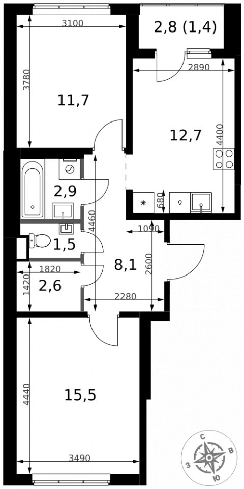 Планировка: 2-комн., 56,4 м²