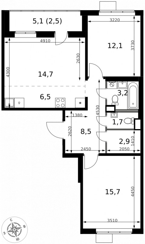 Планировка: 3-комн., 67,8 м²