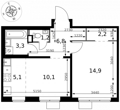 Планировка: 2-комн., 43,6 м²