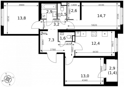 Планировка: 3-комн., 74,4 м²