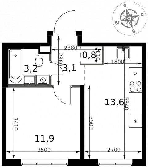 Планировка: 1-комн., 32,6 м²