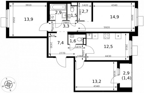 Планировка: 3-комн., 75,3 м²