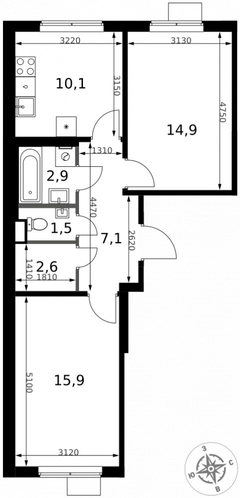 Планировка: 2-комн., 55,0 м²