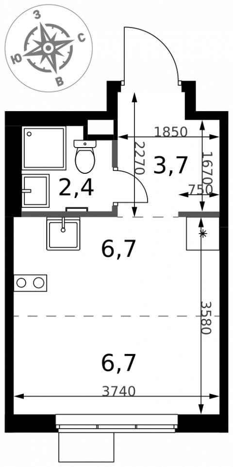 Планировка: Студия, 19,5 м²
