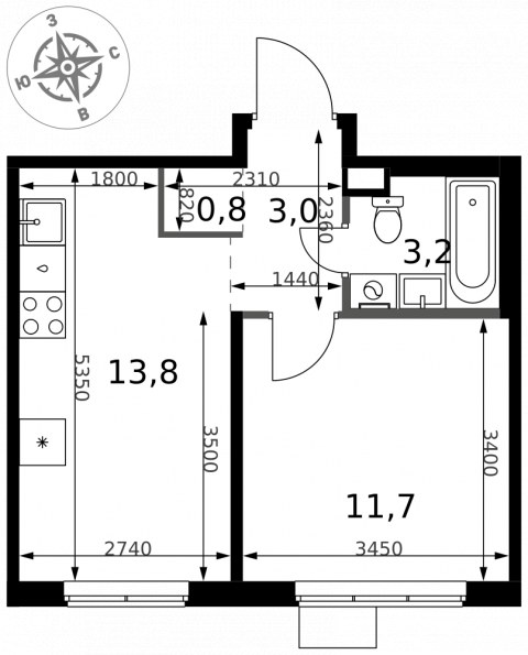 Планировка: 1-комн., 32,5 м²