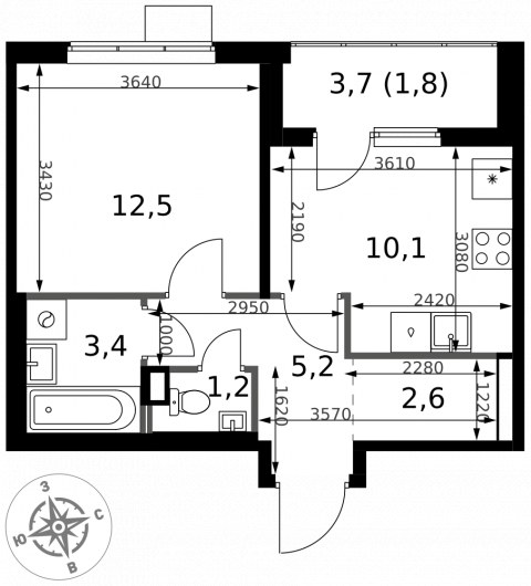 Планировка: 1-комн., 36,8 м²