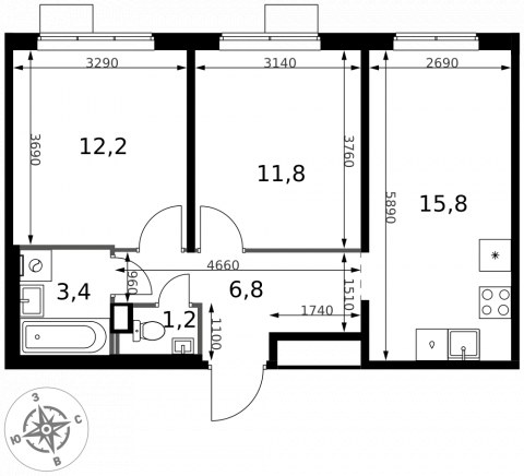Планировка: 2-комн., 51,2 м²