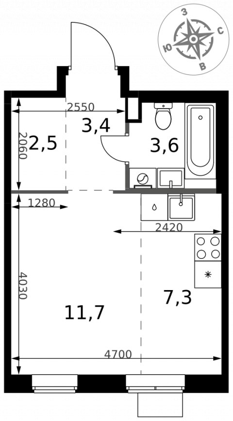 Планировка: Студия, 28,5 м²