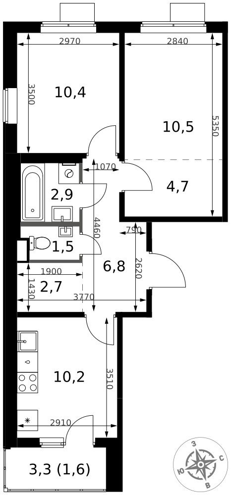 Планировка: 2-комн., 51,3 м²