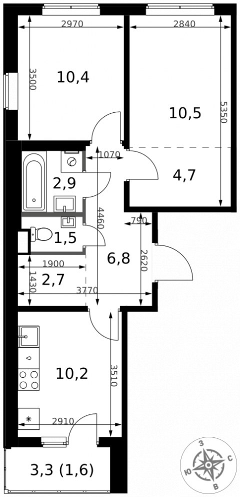 Планировка: 2-комн., 51,3 м²