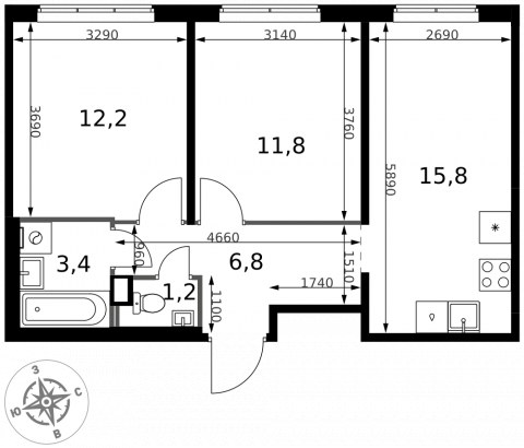 Планировка: 2-комн., 51,2 м²