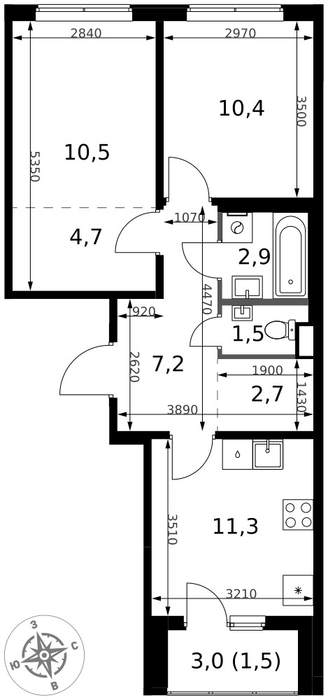 Планировка: 2-комн., 52,7 м²
