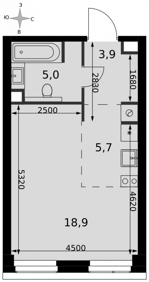 Планировка: Студия, 33,5 м²