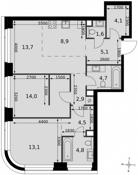 Планировка: 3-комн., 77,4 м²