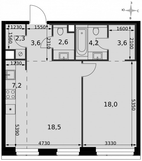 Планировка: 2-комн., 60,0 м²