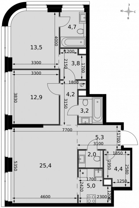 Планировка: 3-комн., 84,4 м²