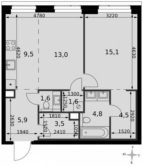 Планировка: 2-комн., 59,5 м²